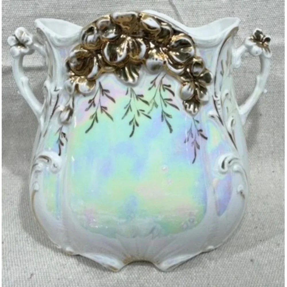Antique 1910s Iridescent Luster Porcelain Vase Gold Gilt Floral Double Handle